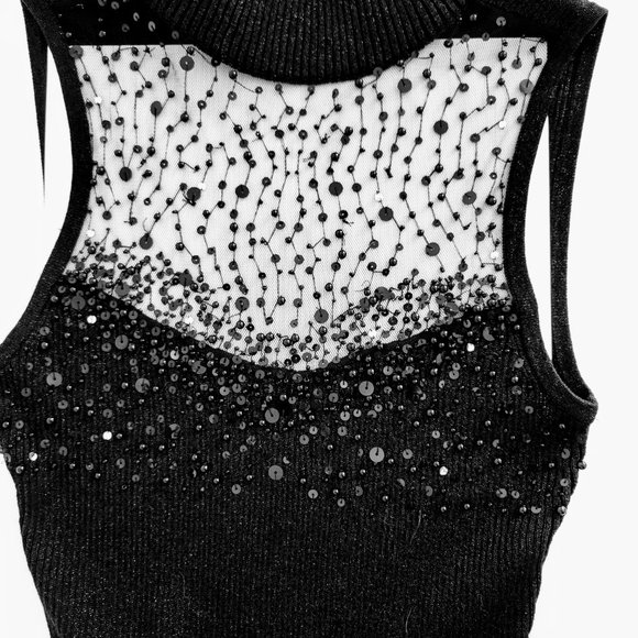 CACHE  Black Sleeveless, Mock Turtleneck, Sheer Yoke, Shimmer Sweater, NWT, Sz 6 - Picture 2 of 7